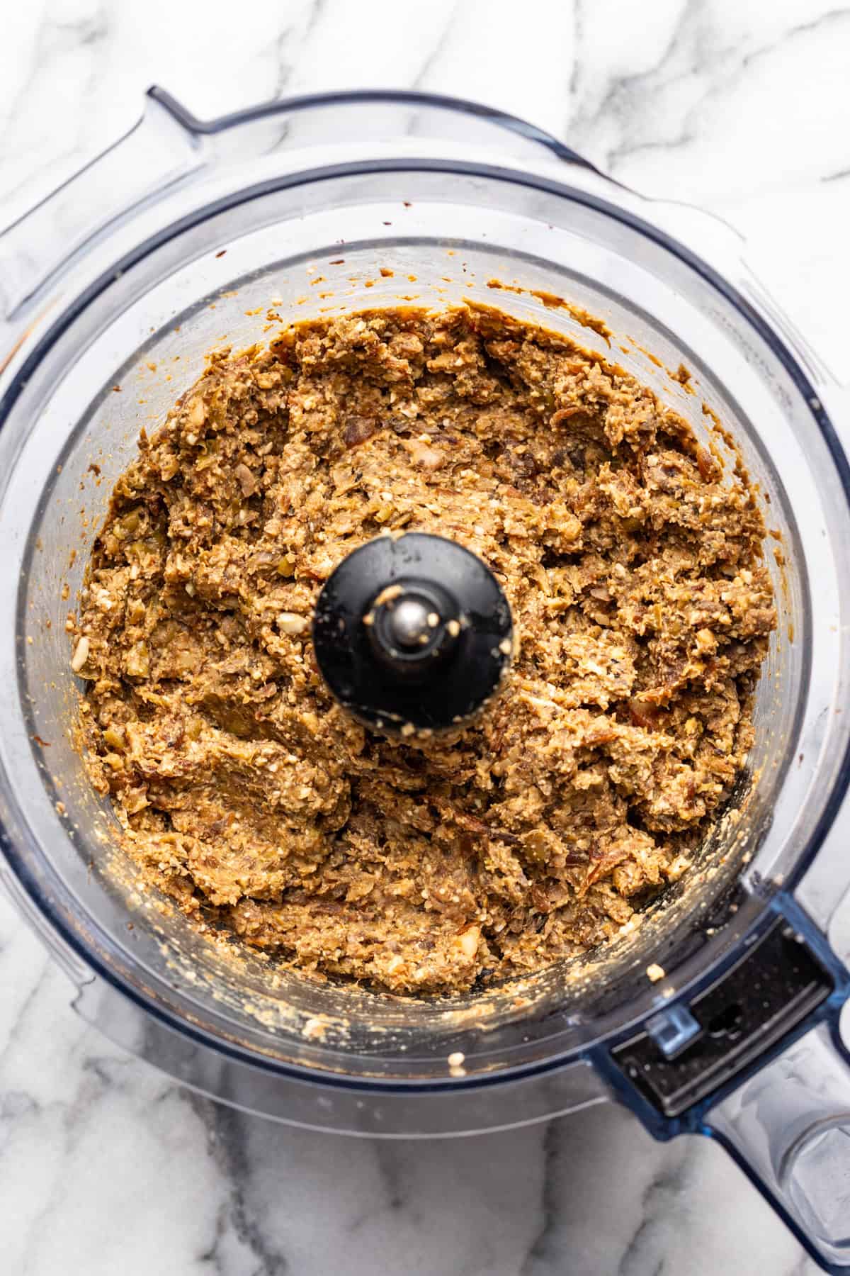 Vegetarian chopped liver blended in a food processor.