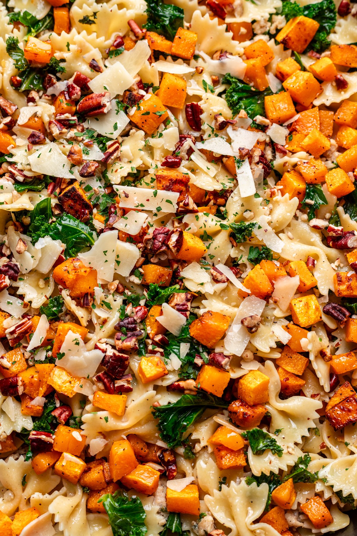 Roasted squash, kale, ground chicken, pecans, and shaved parmesan mixed with bowtie pasta.