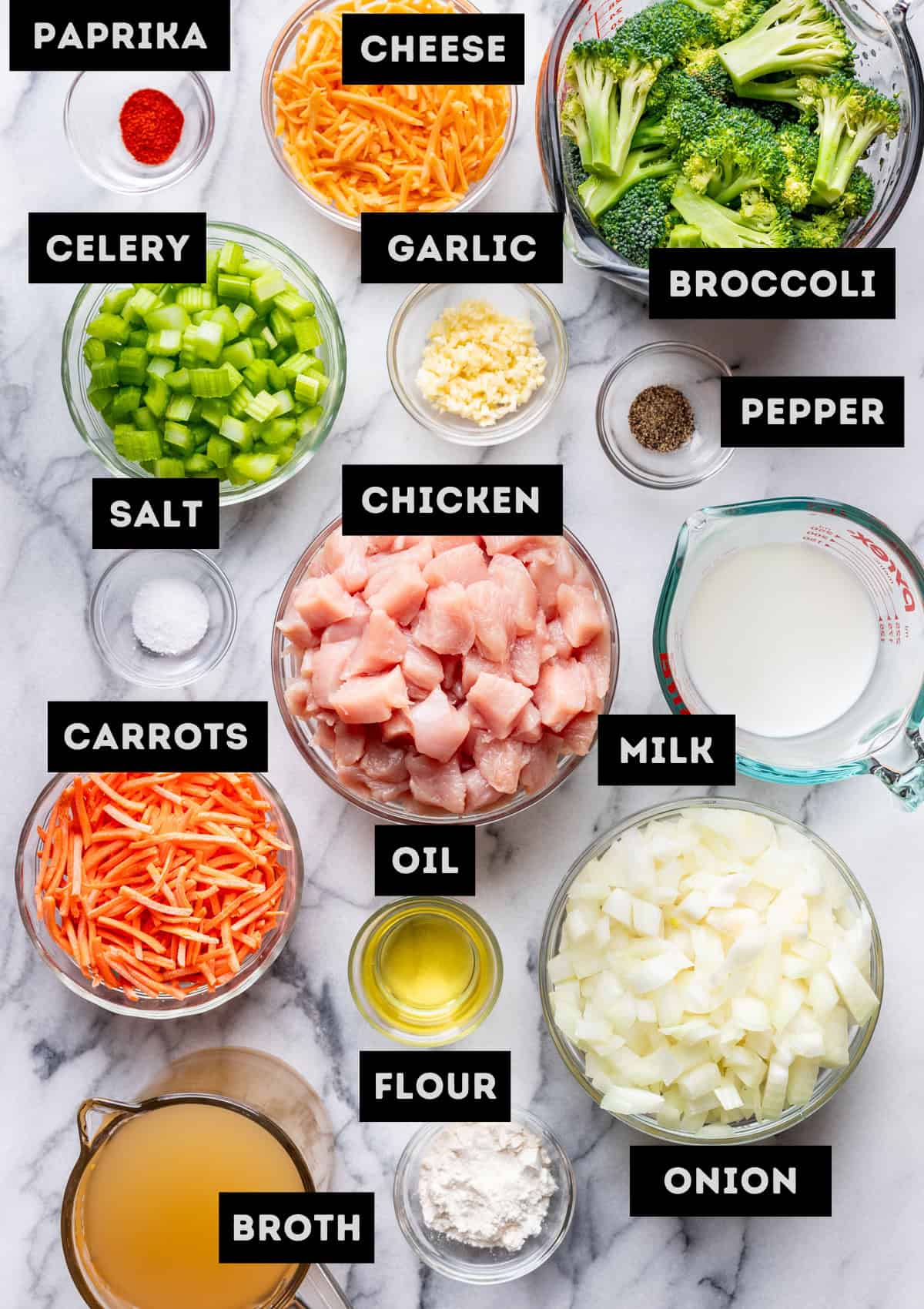 Labelled ingredients for Broccoli Cheddar Chicken Soup (see recipe below for details).