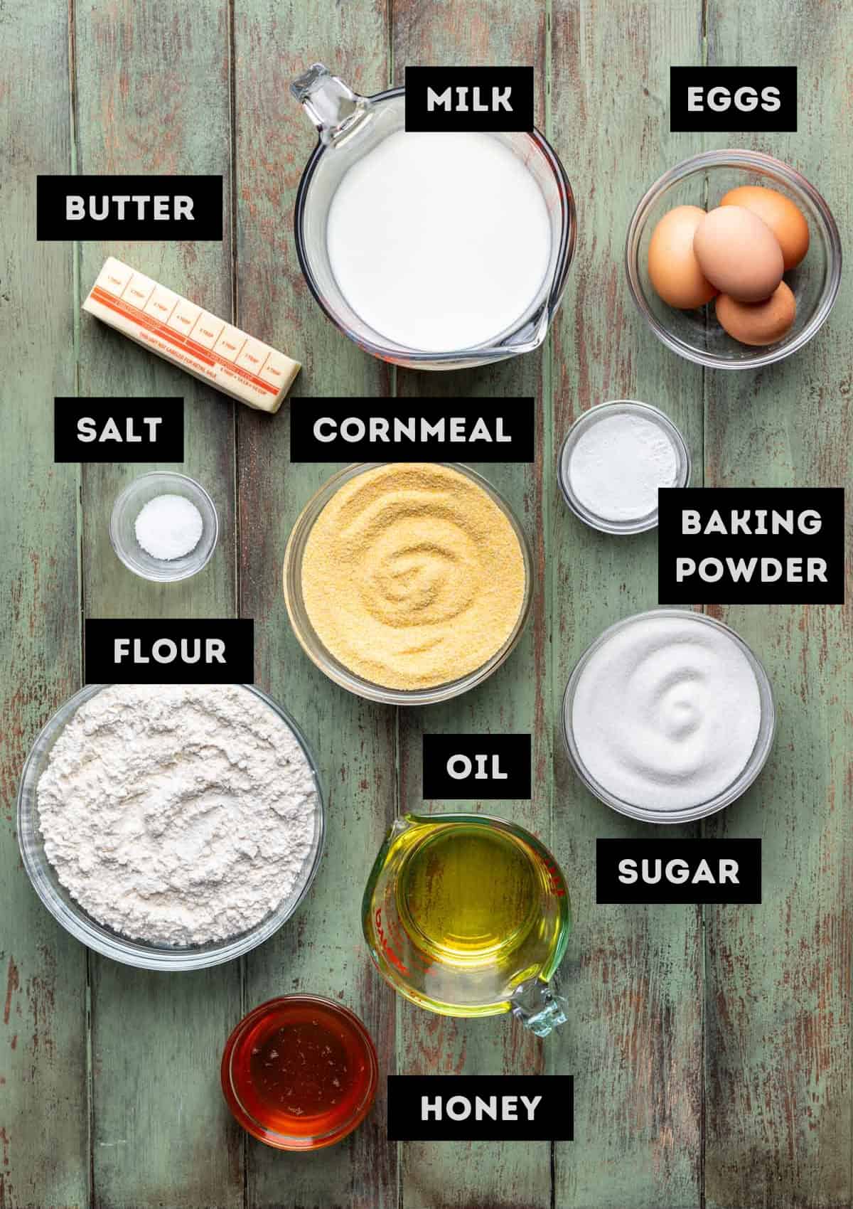 Labelled ingredients for Cornbread without Buttermilk (see recipe below for details).