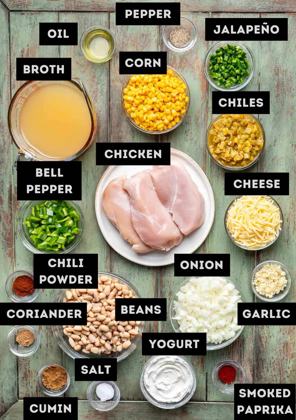 Labelled ingredients for white chicken chili (see recipe for details).