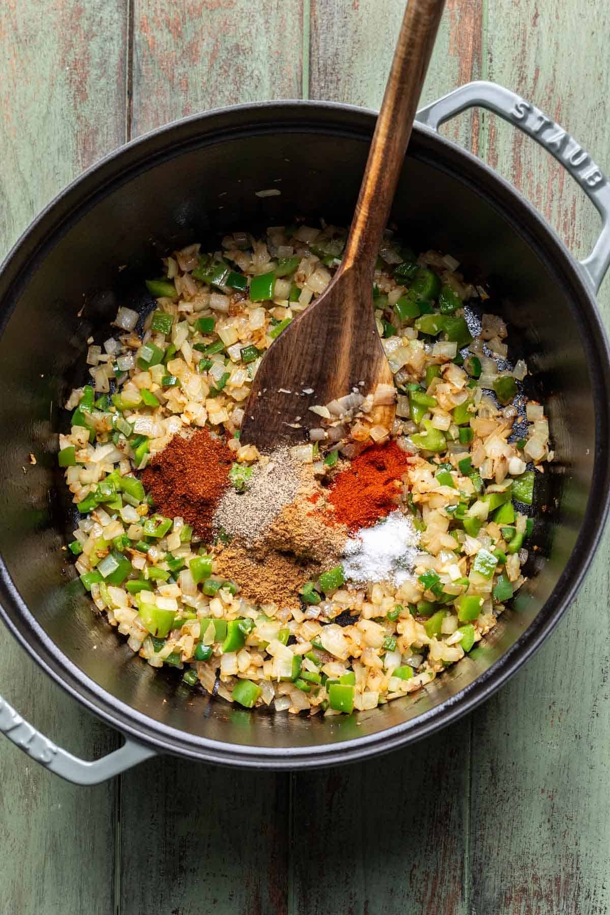 Spices added to the pot with the veggies.
